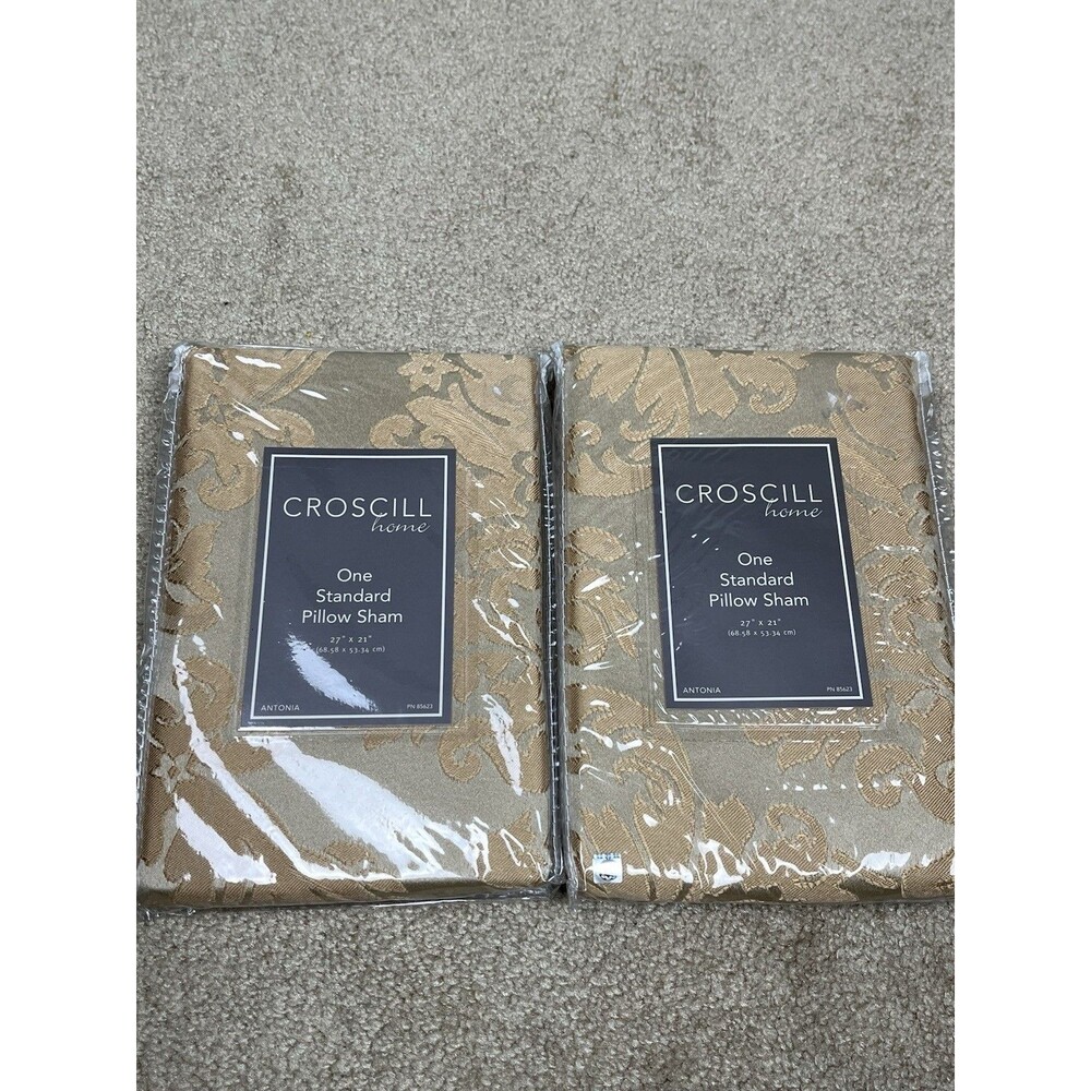 Croscill Home Pair (2) ANTONIA Gold Champagne Damask Standard Pillow Shams NIP